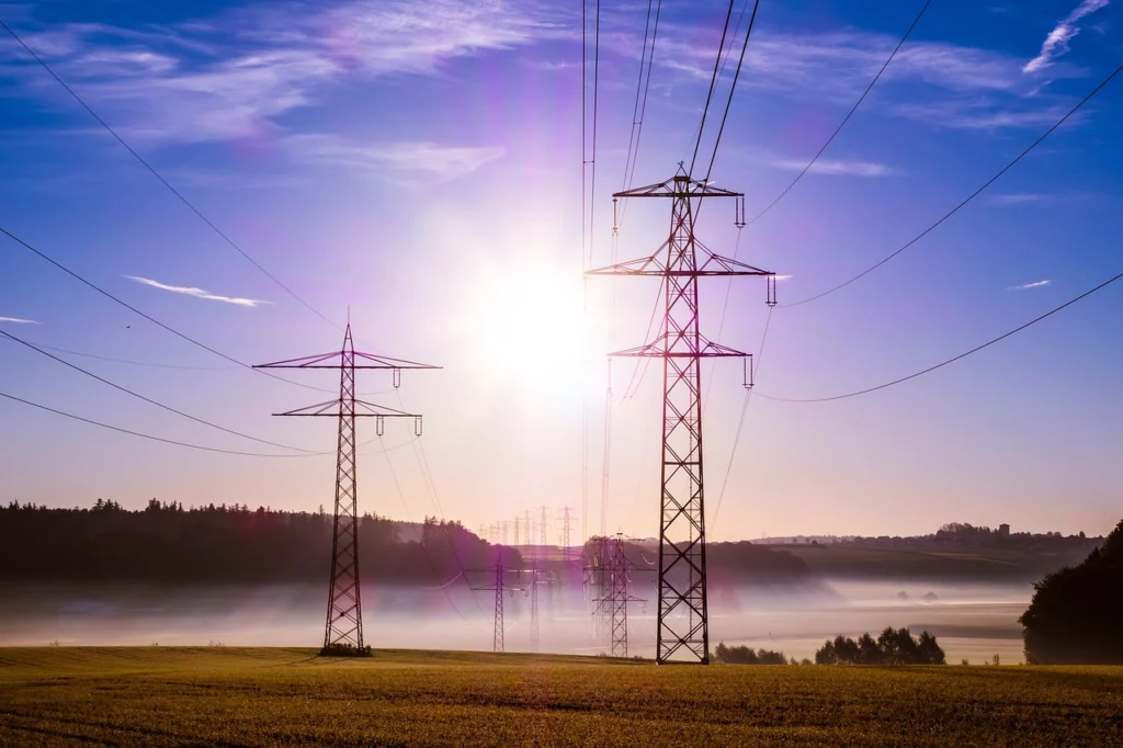 Electricity pylons at dusk