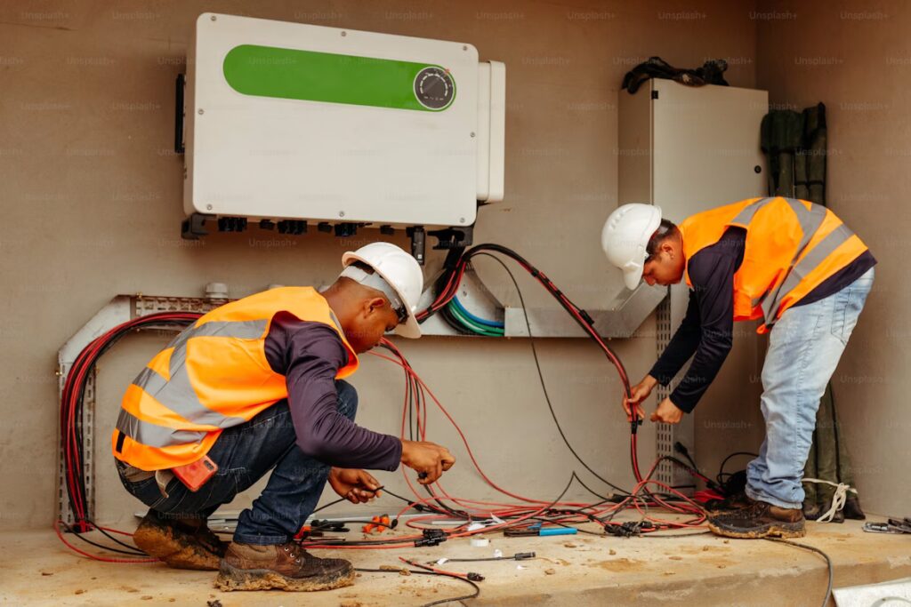 Electricians installing wiring and a meter board at a commercial premises