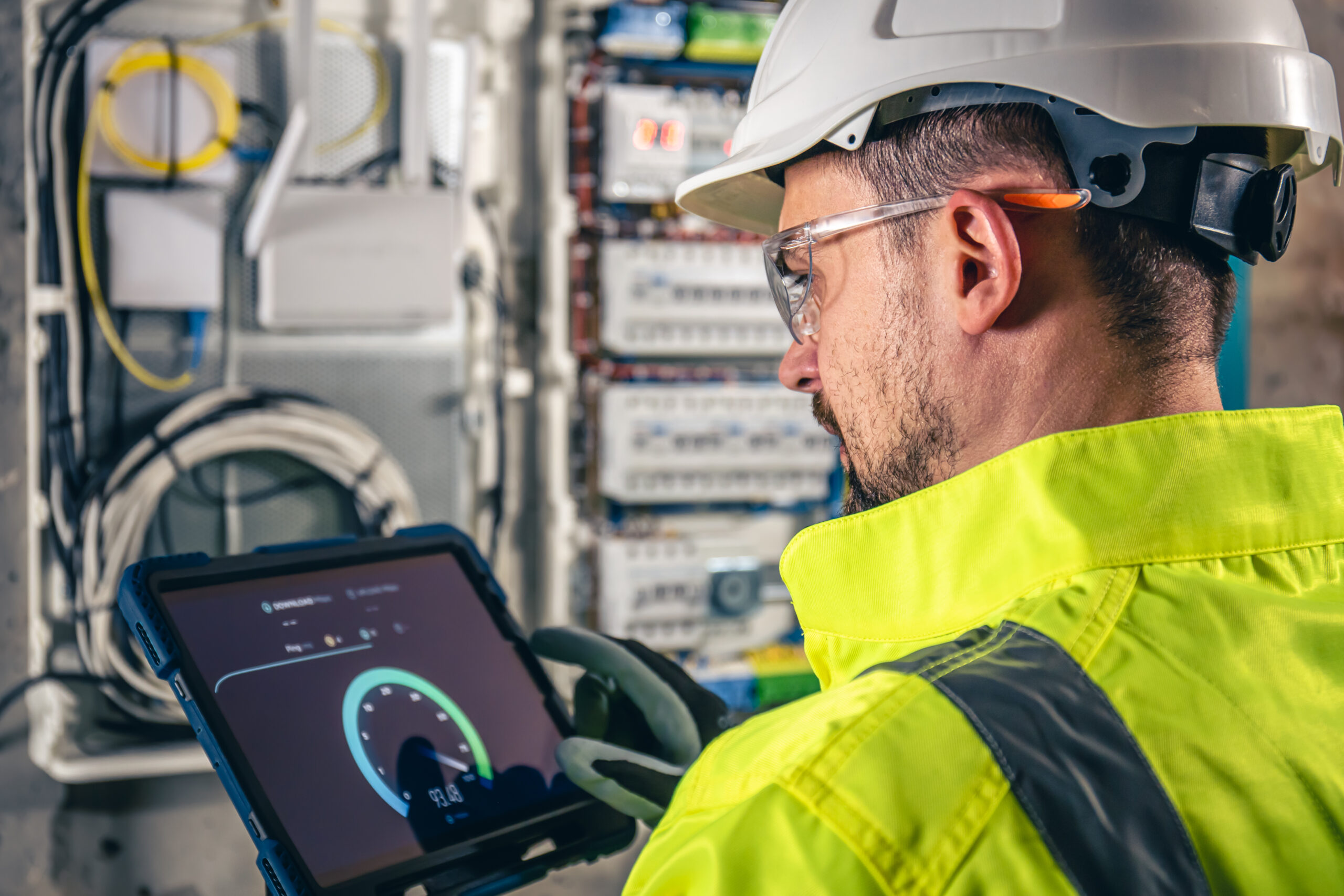 eforenergy.co.uk | Cinemas Man, an electrical technician working in a switchboard with fuses, uses a tablet.