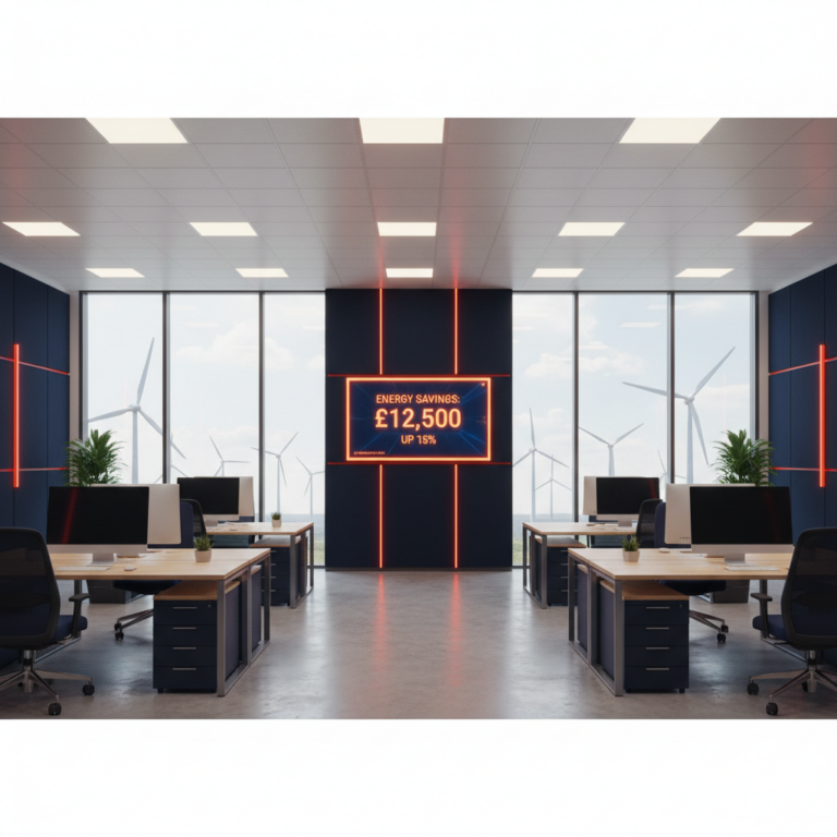 UK business office with energy efficient features and digital cost monitoring system